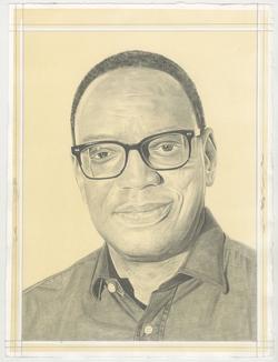This is a pencil drawn portrait of Author and Art Collector, Alvin Hall with an off-white background, drawn by the Rail’s publisher Phong Bui.