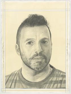 This is a pencil drawn portrait of Painter Ali Banisadr with an off-white background, drawn by the Rail’s publisher Phong Bui.