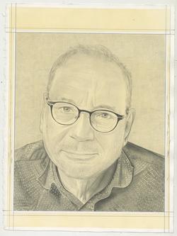 This is a pencil drawn portrait of Poet Charles Bernstein with an off-white background, drawn by the Rail’s publisher Phong Bui.