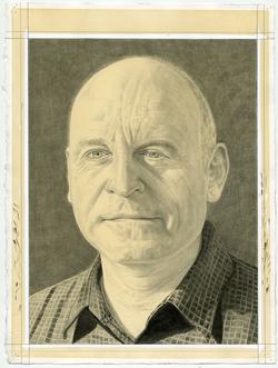 This is a pencil drawn portrait of Studio Institute President, Thomas Cahill, with a shaded background, drawn by the Rail’s publisher Phong Bui.
