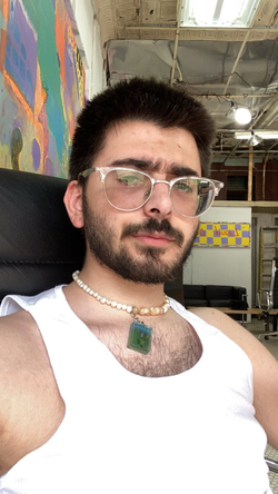 Selfie of Dan, a white bearded fellow wearing a white tank top and a cream-colored pearl necklace with a blue-green bird pendant. he is seated in an art gallery and looking at the camera with furled eyebrows and an inquisitive expression.