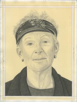 This is a pencil drawn portrait of Writer and Poet, Ann Lauterbach with an off-white background, drawn by the Rail’s publisher Phong Bui.
