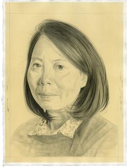 This is a pencil drawn portrait of Artist, An-My Lê with an off-white background, drawn by the Rail’s publisher Phong Bui.