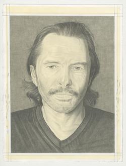 This is a pencil drawn portrait of artist Matvey Levenstein with a gray background, drawn by the Rail's publisher, Phong Bui