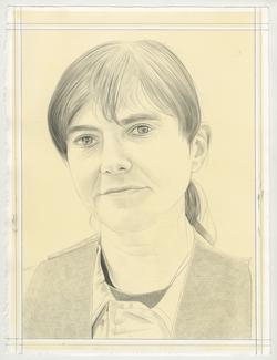 This is a pencil drawn portrait of Artist Raha Raissnia with an off-white background, drawn by the Rail’s publisher Phong Bui.