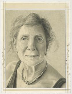 This is a pencil drawn portrait of Artist Dorthea Rockburne with a shaded, off-white background, drawn by the Rail’s publisher Phong Bui.
